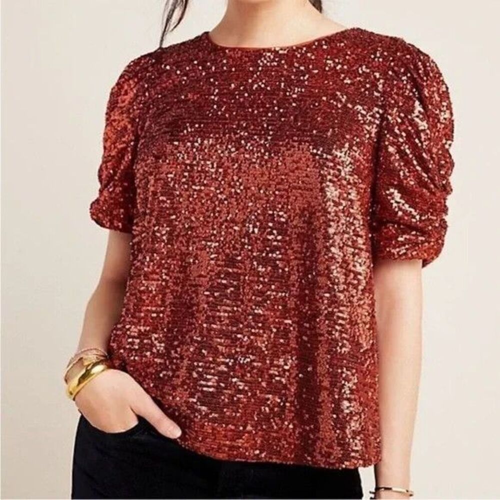 BY ANTHROPOLOGIE Marie Orange Sequin Puff Sleeve Top Event Glam Party SIZE 6